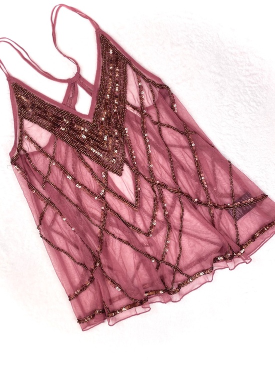 Kimchi Blue Tops - Kimchi Blue Dusty Rose Beaded Sheer Tank